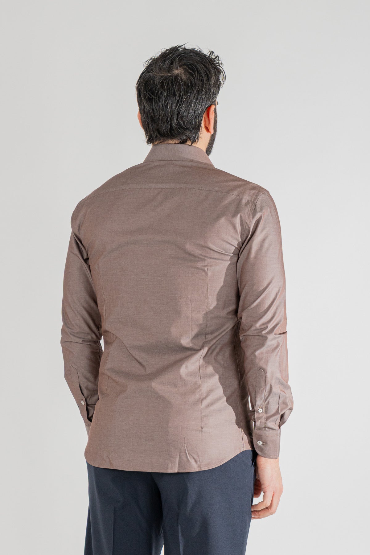 Camicia marrone effetto denim tinta unita slim Fit uomo 100% cotone popeline collo semi francese Tessuti Twill