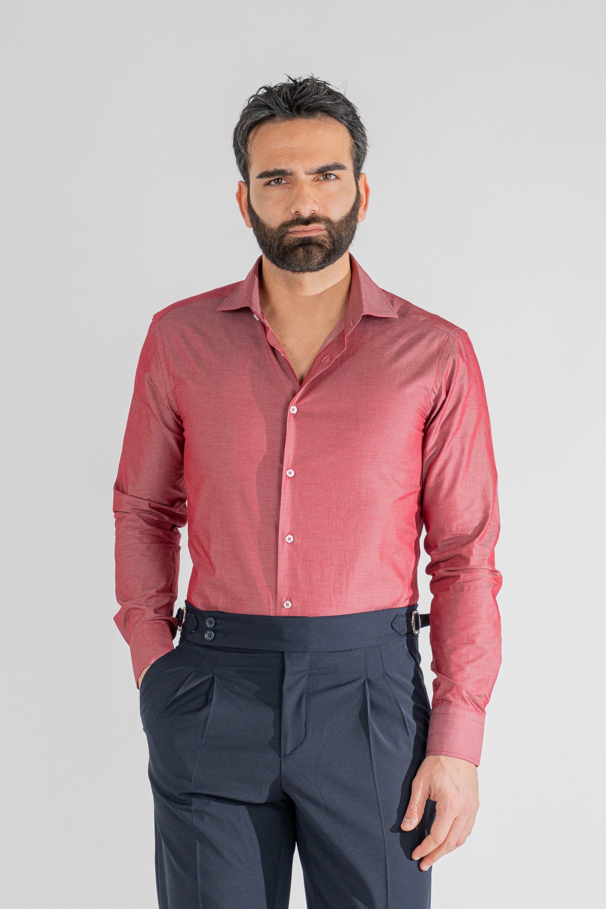 Camicia rosso effetto denim tinta unita slim Fit uomo 100% cotone popeline collo semi francese Tessuti Twill