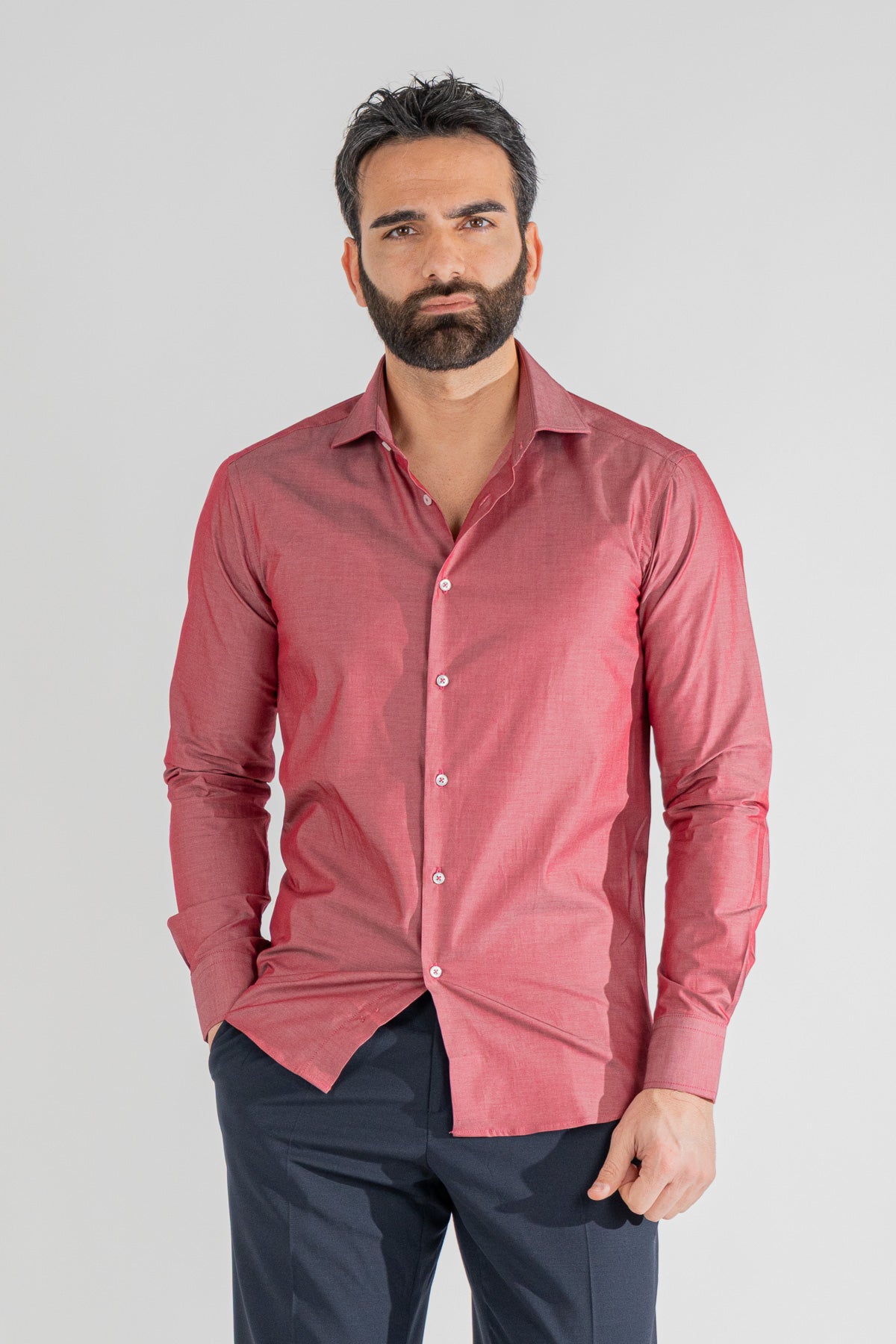 Camicia rosso effetto denim tinta unita slim Fit uomo 100% cotone popeline collo semi francese Tessuti Twill