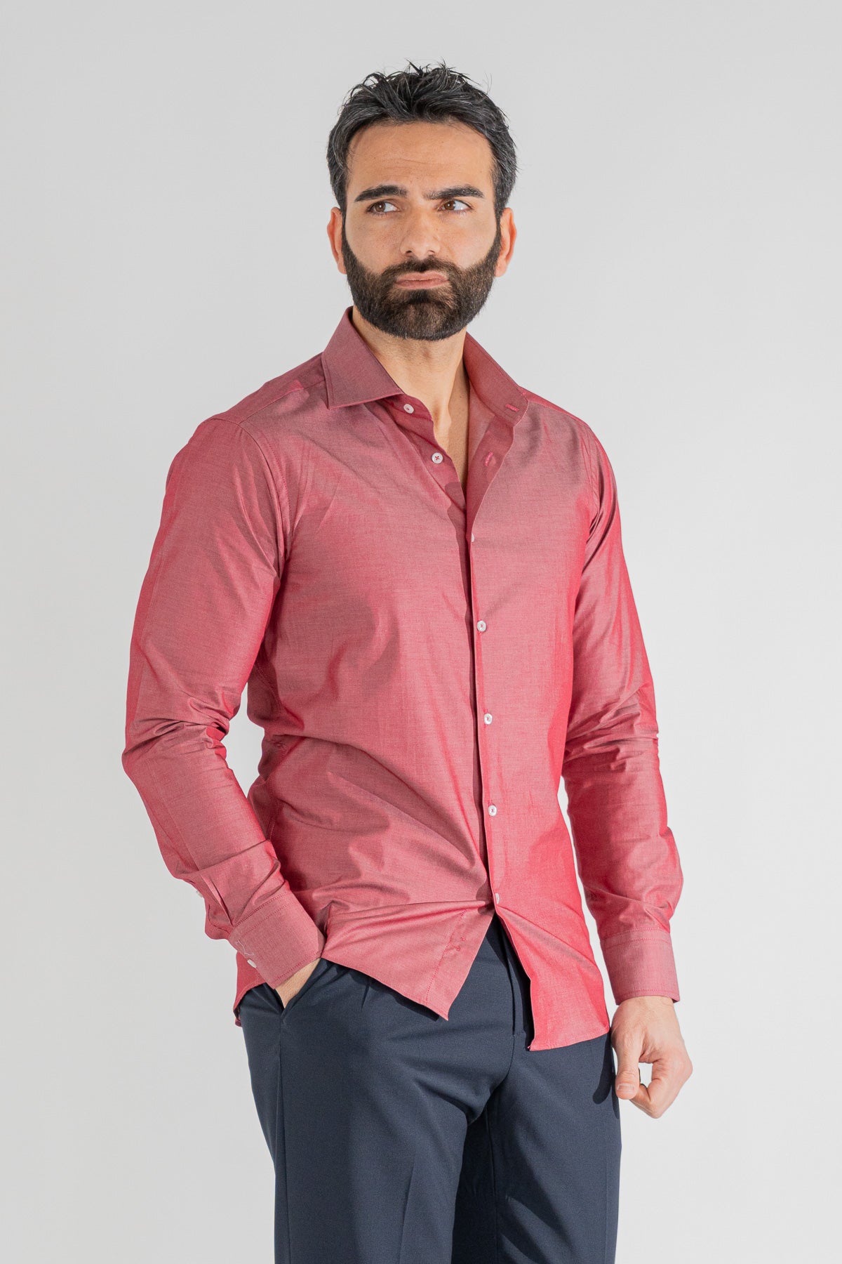 Camicia rosso effetto denim tinta unita slim Fit uomo 100% cotone popeline collo semi francese Tessuti Twill
