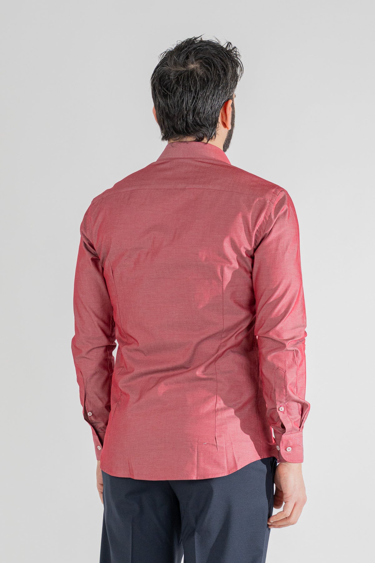 Camicia rosso effetto denim tinta unita slim Fit uomo 100% cotone popeline collo semi francese Tessuti Twill