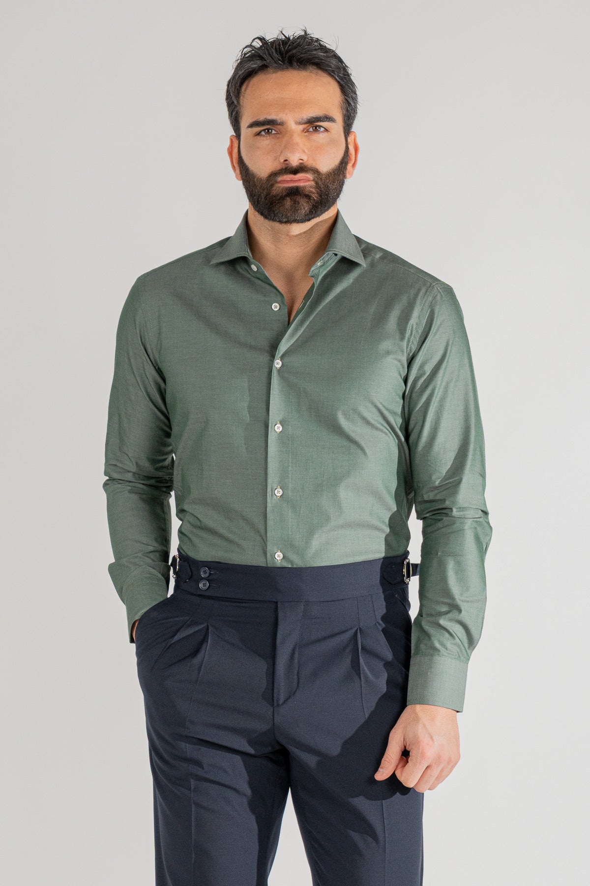 Camicia verde effetto denim tinta unita slim Fit uomo 100% cotone popeline collo semi francese Tessuti Twill