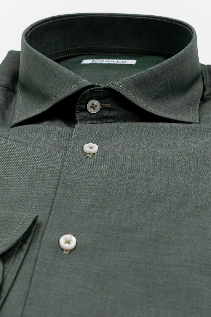 Camicia verde effetto denim tinta unita slim Fit uomo 100% cotone popeline collo semi francese Tessuti Twill