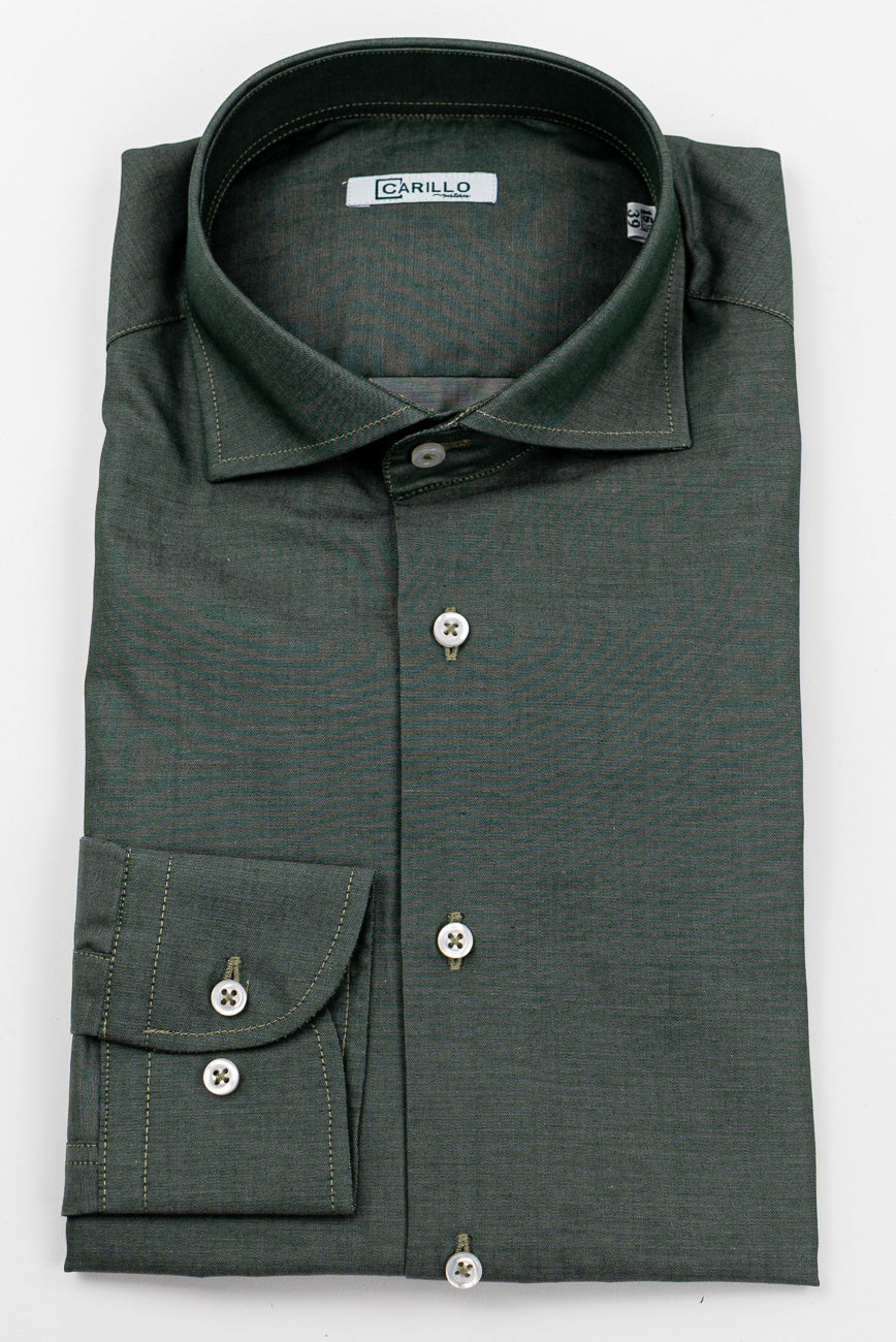 Camicia verde effetto denim tinta unita slim Fit uomo 100% cotone popeline collo semi francese Tessuti Twill