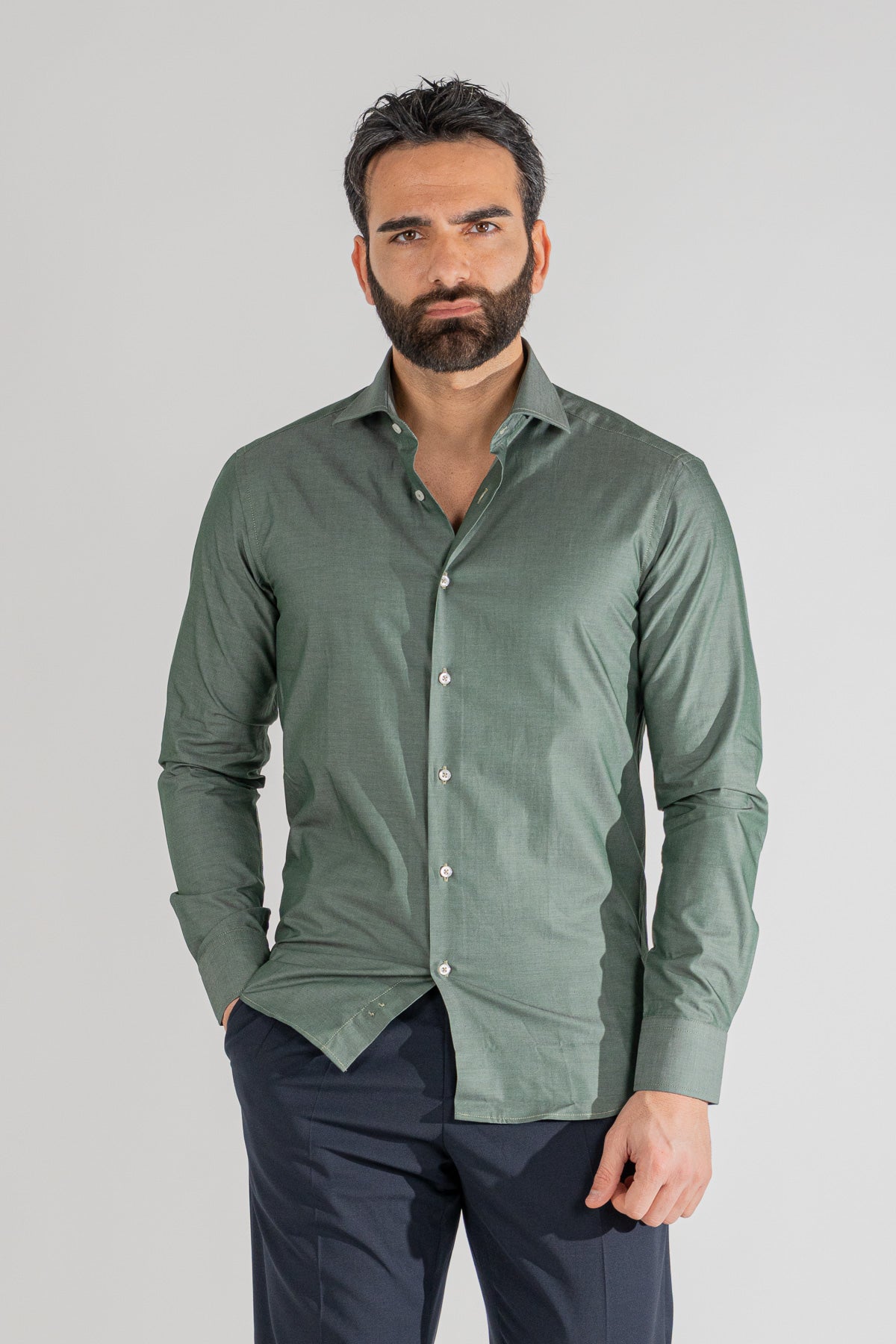 Camicia verde effetto denim tinta unita slim Fit uomo 100% cotone popeline collo semi francese Tessuti Twill