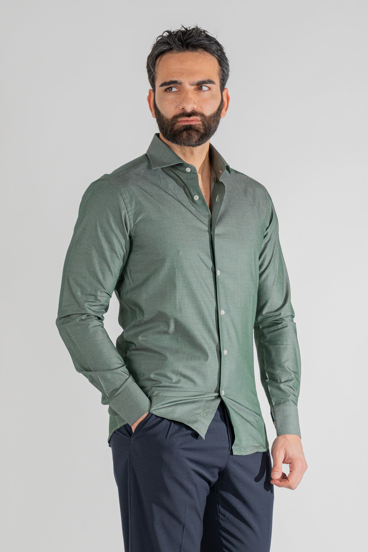 Camicia verde effetto denim tinta unita slim Fit uomo 100% cotone popeline collo semi francese Tessuti Twill