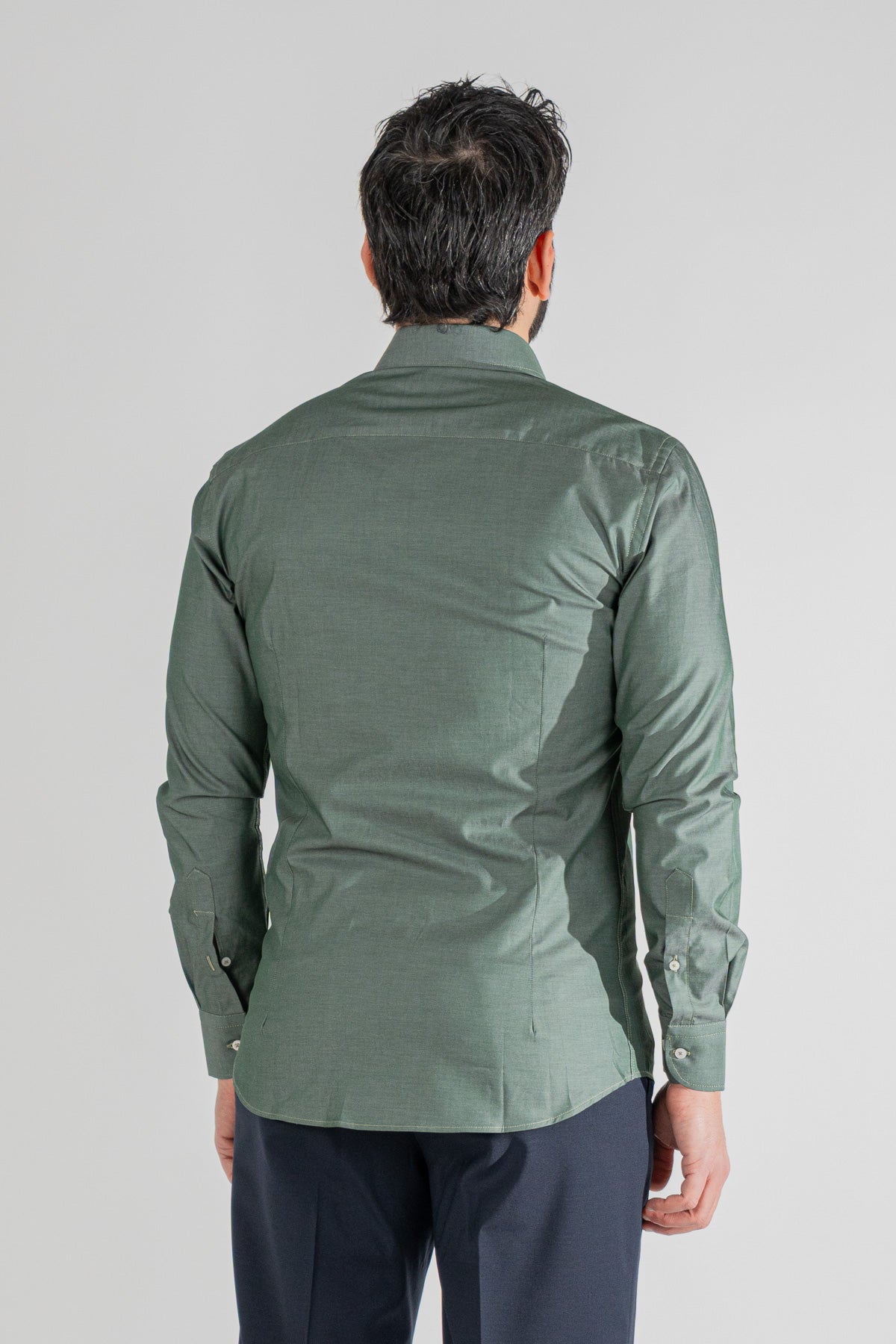 Camicia verde effetto denim tinta unita slim Fit uomo 100% cotone popeline collo semi francese Tessuti Twill