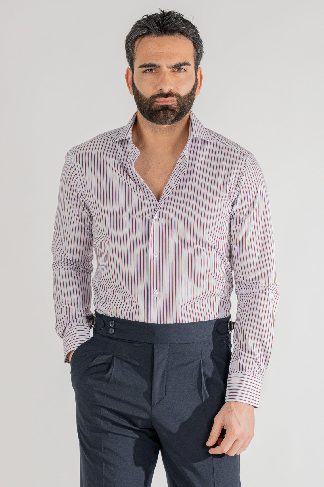Camicia bordeaux a righe con righino royal slim Fit uomo 100% cotone popeline collo semi francese