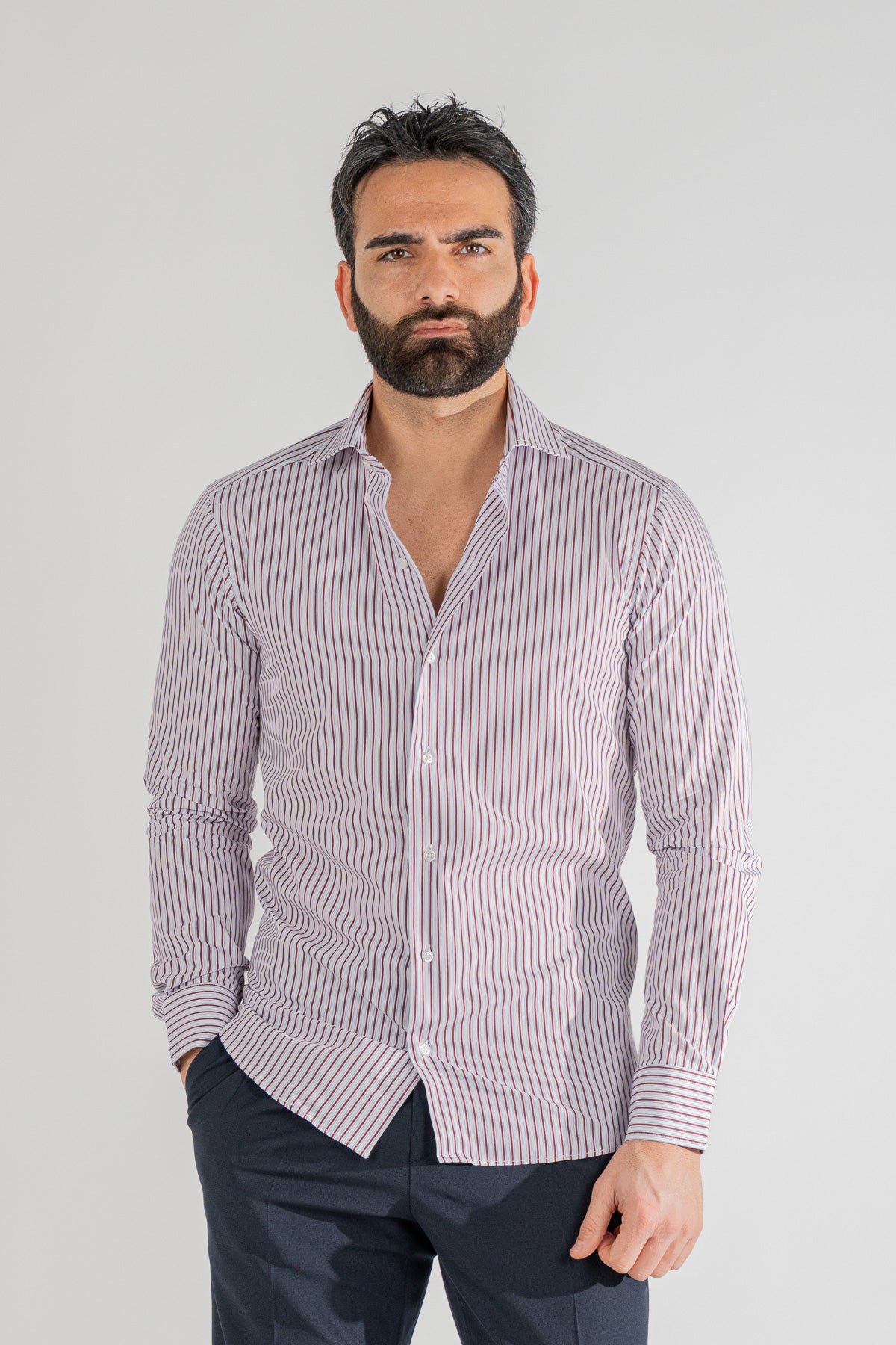 Camicia bordeaux a righe con righino royal slim Fit uomo 100% cotone popeline collo semi francese