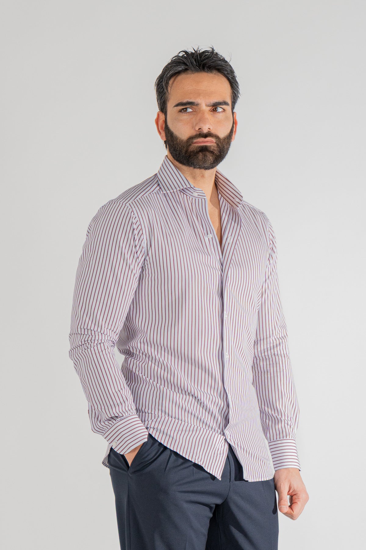 Camicia bordeaux a righe con righino royal slim Fit uomo 100% cotone popeline collo semi francese