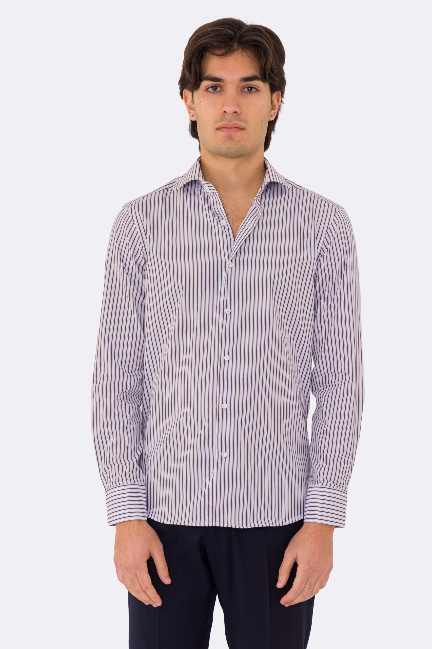 Camicia marrone a righe con righino royal slim Fit uomo 100% cotone popeline collo semi francese