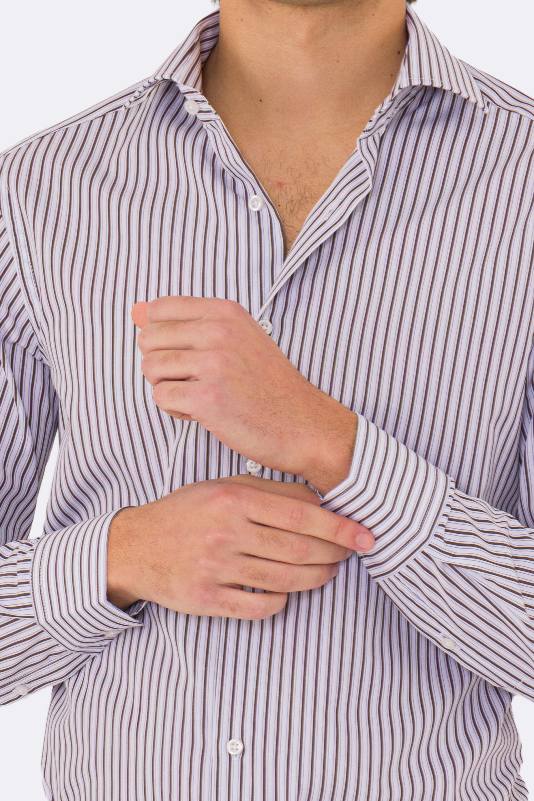 Camicia marrone a righe con righino royal slim Fit uomo 100% cotone popeline collo semi francese