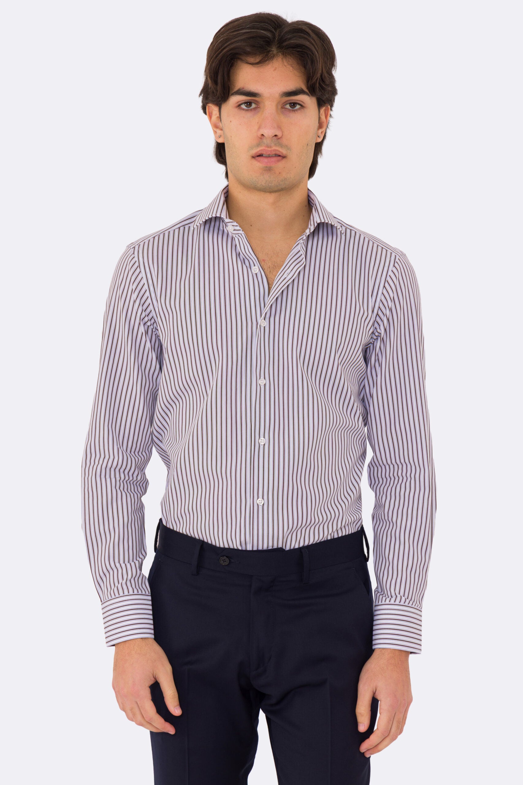 Camicia marrone a righe con righino royal slim Fit uomo 100% cotone popeline collo semi francese