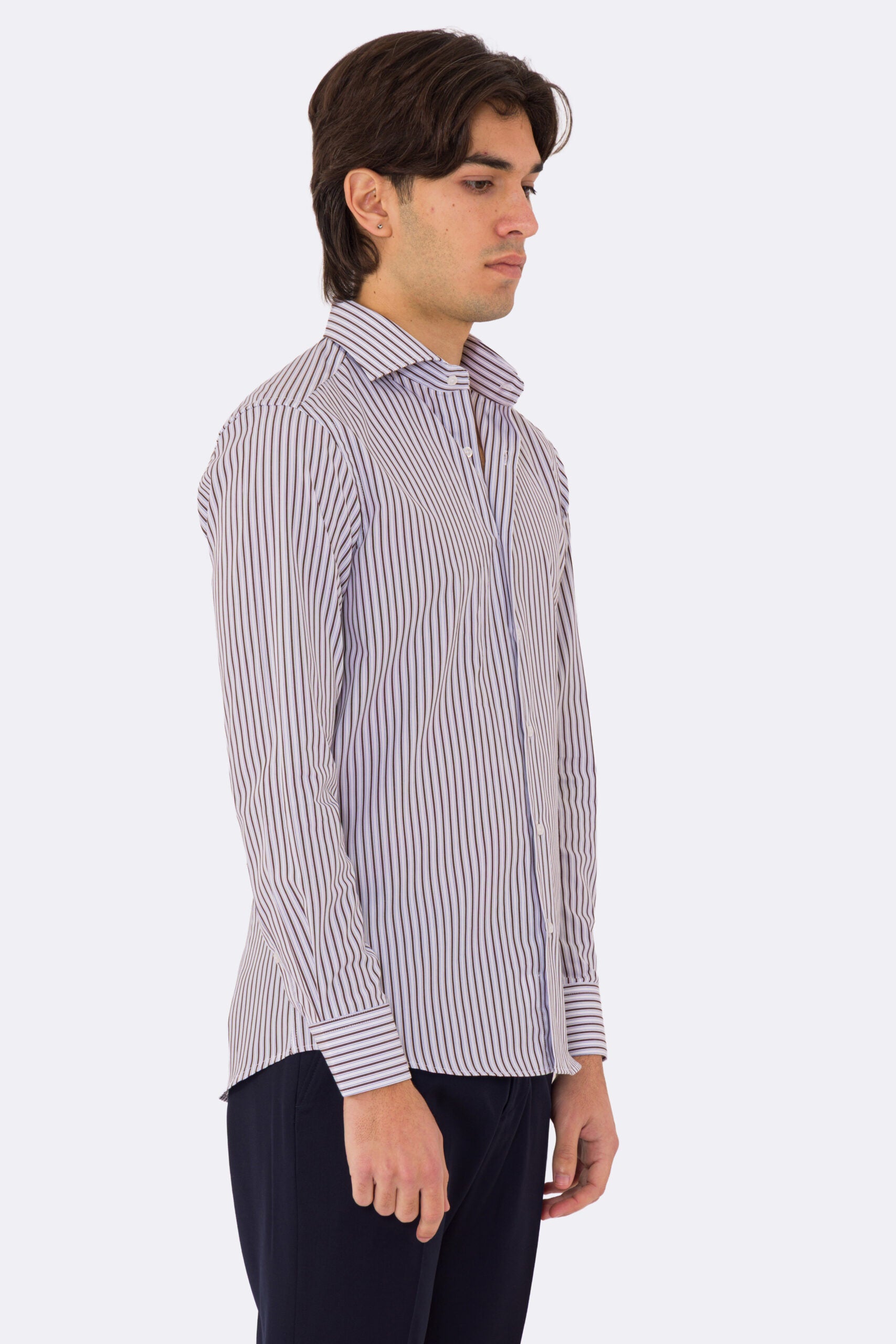 Camicia marrone a righe con righino royal slim Fit uomo 100% cotone popeline collo semi francese