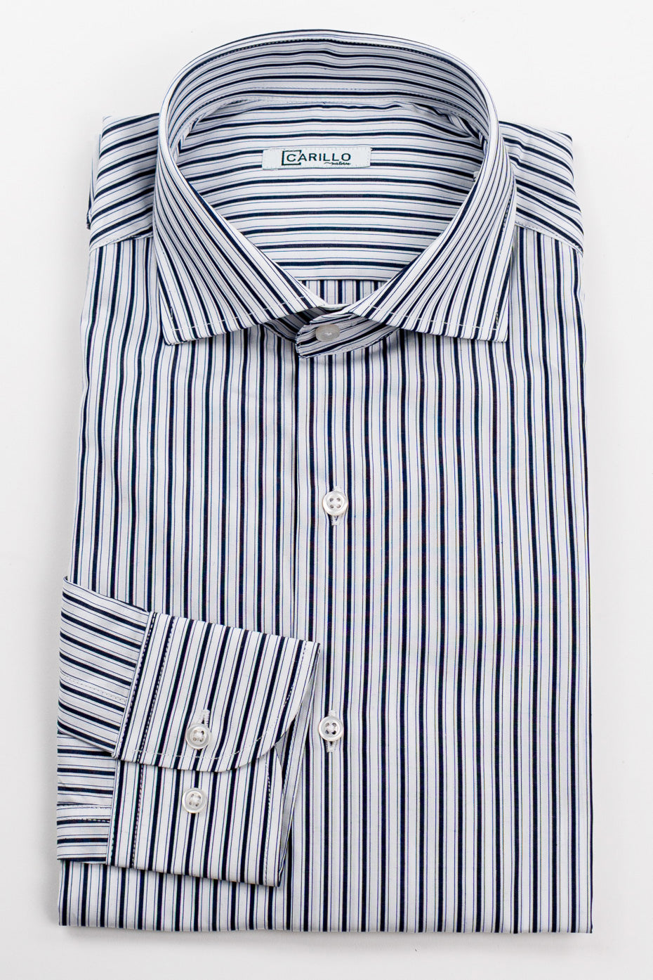 Camicia blu a righe con righino royal slim Fit uomo 100% cotone popeline collo semi francese