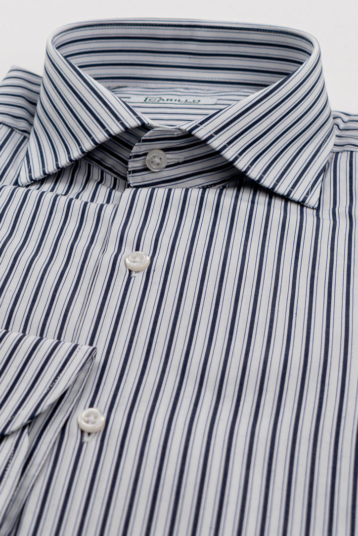 Camicia blu a righe con righino royal slim Fit uomo 100% cotone popeline collo semi francese