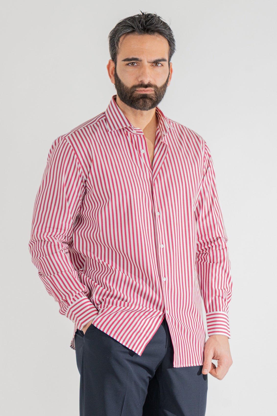 Camicia bordeaux a righe larghe Regular fit uomo 100% cotone popeline collo semi francese