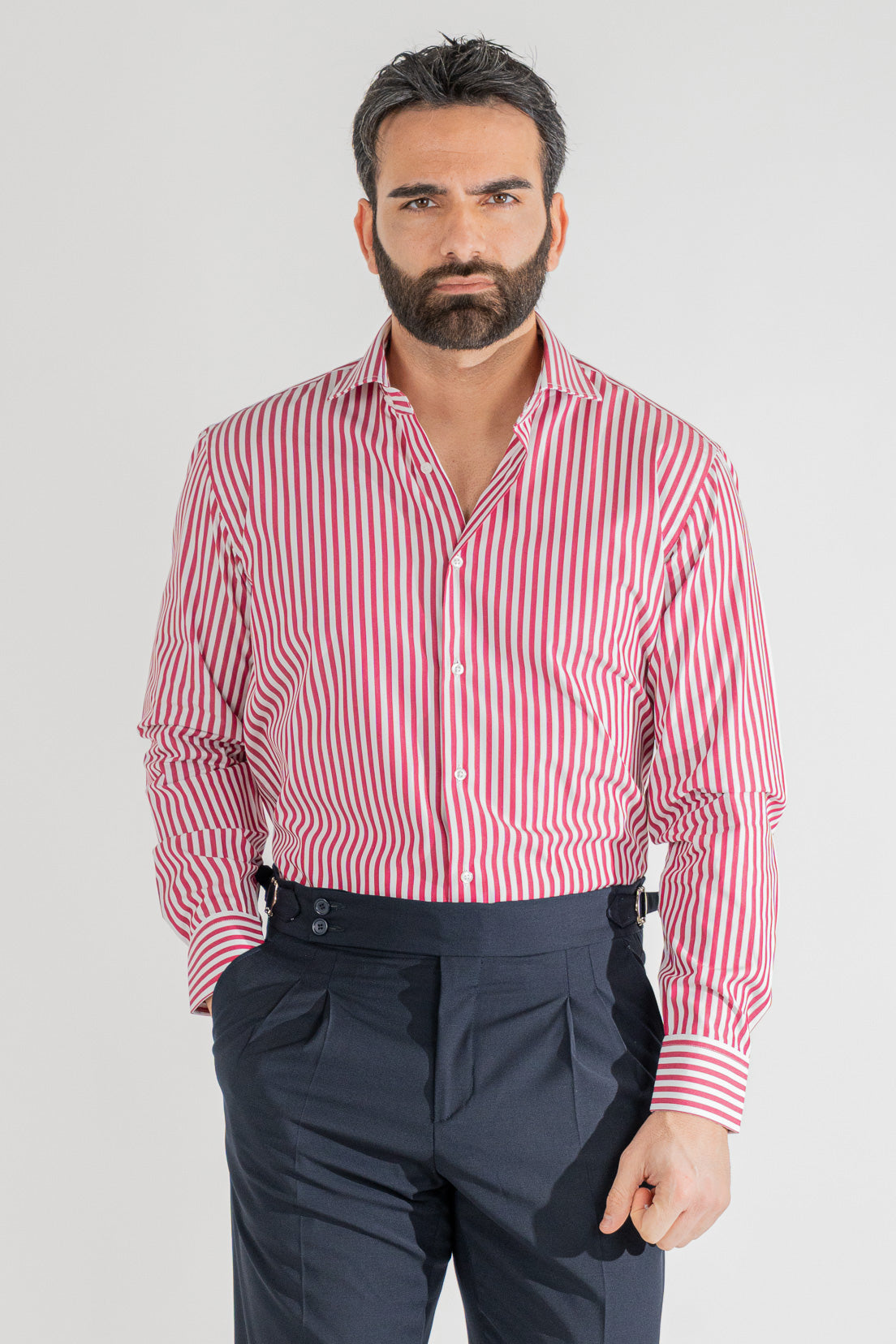 Camicia bordeaux a righe larghe Regular fit uomo 100% cotone popeline collo semi francese