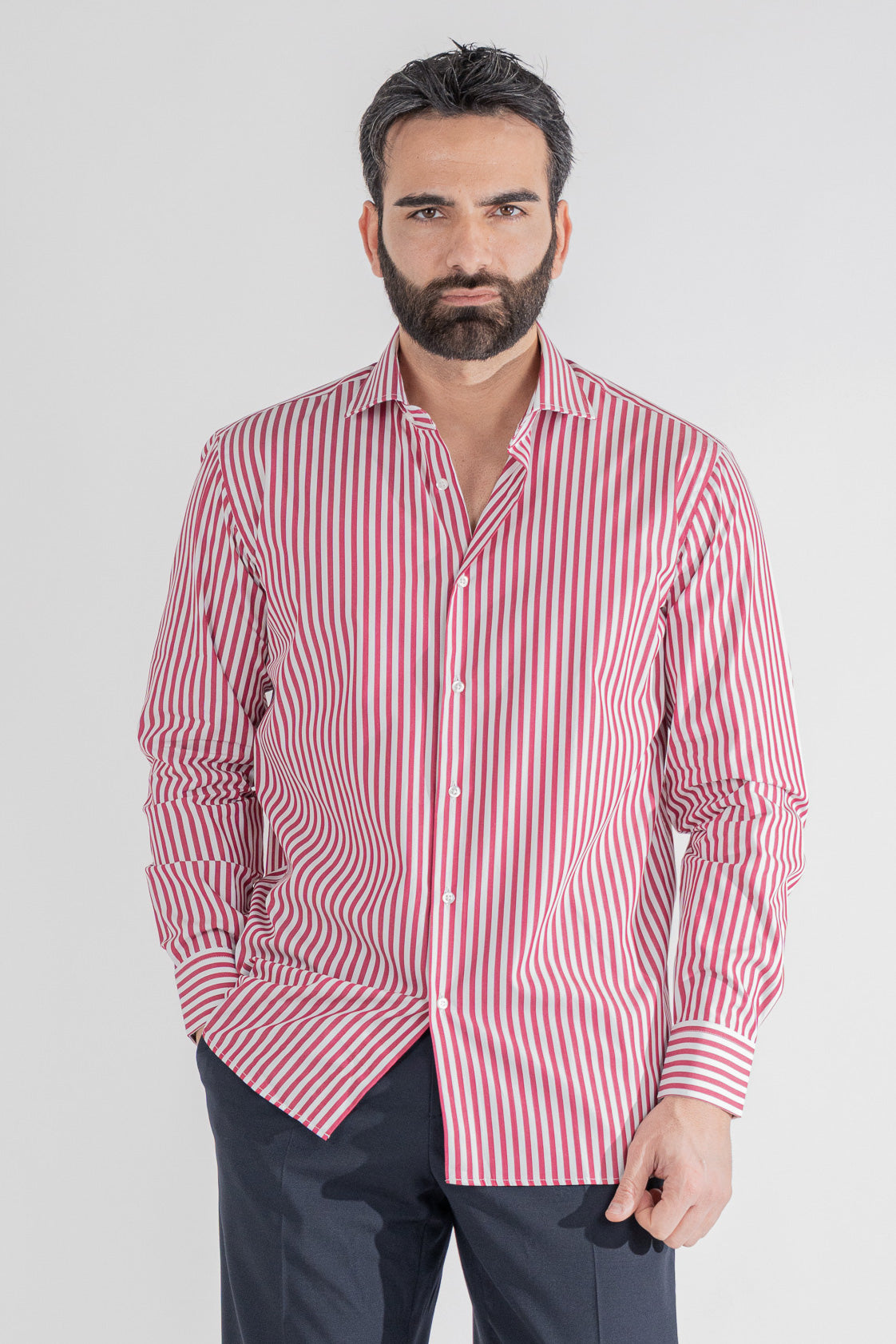 Camicia bordeaux a righe larghe Regular fit uomo 100% cotone popeline collo semi francese