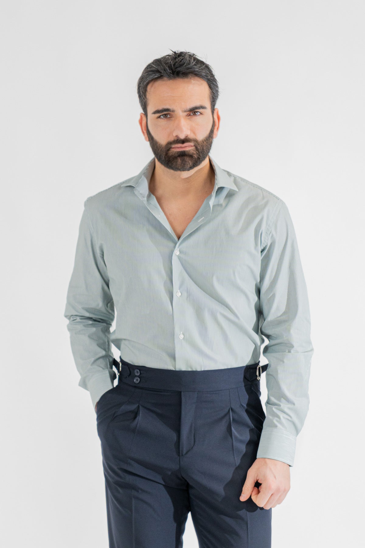 Camicia Uomo verde a mille righe Regular fit 100% cotone popeline collo semi francese Tessuti Twill