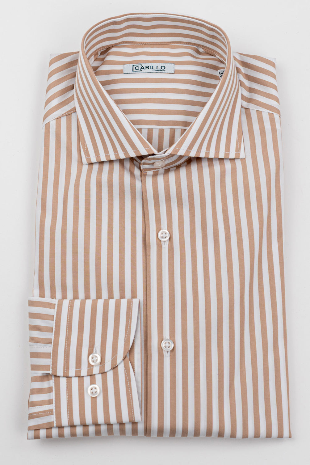 Camicia beige a righe larghe Regular fit uomo 100% cotone popeline collo semi francese