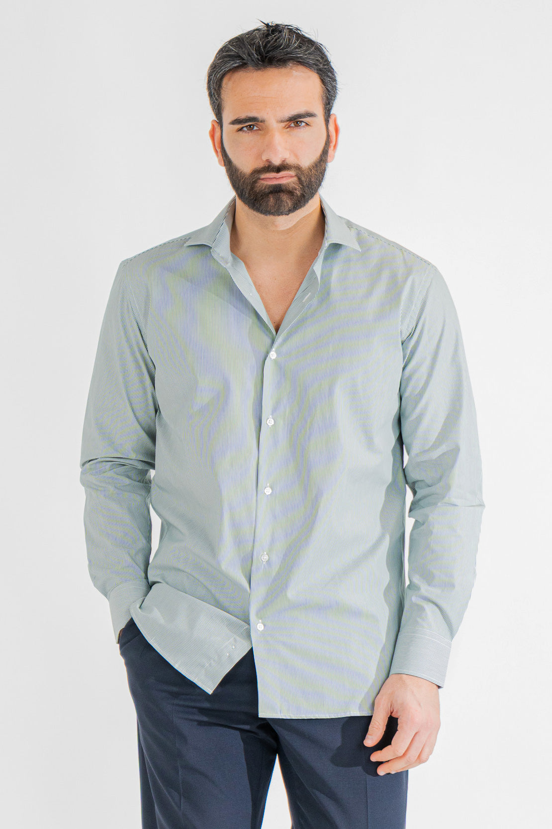 Camicia Uomo verde a mille righe Regular fit 100% cotone popeline collo semi francese Tessuti Twill