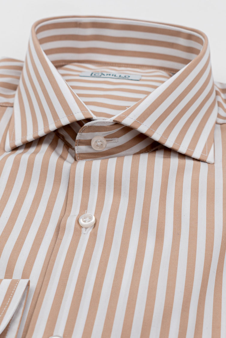 Camicia beige a righe larghe Regular fit uomo 100% cotone popeline collo semi francese