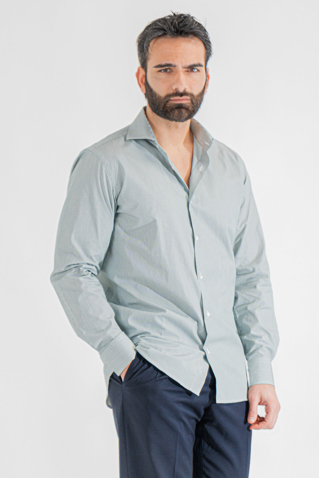 Camicia Uomo verde a mille righe Regular fit 100% cotone popeline collo semi francese Tessuti Twill