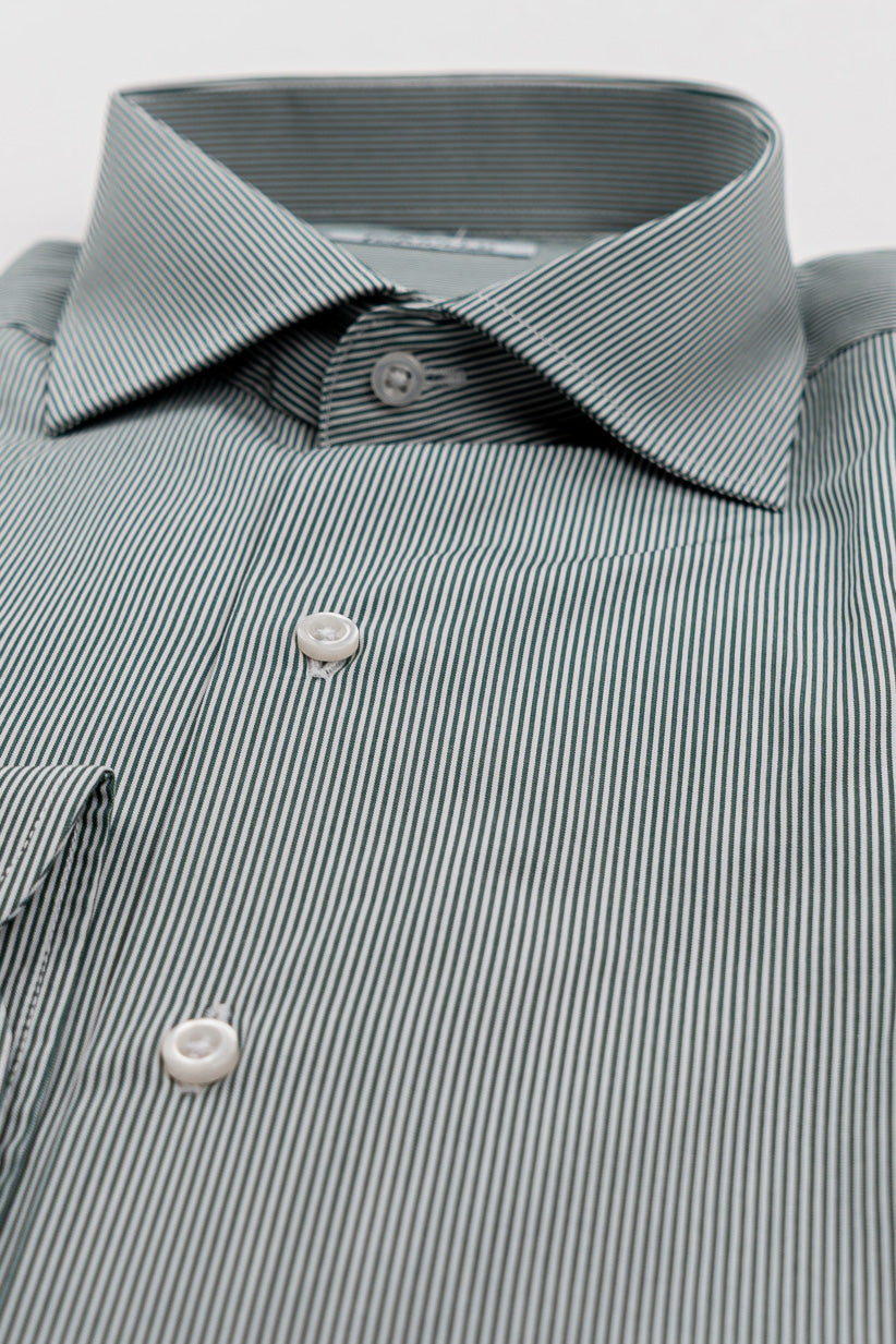 Camicia Uomo verde a mille righe Regular fit 100% cotone popeline collo semi francese Tessuti Twill