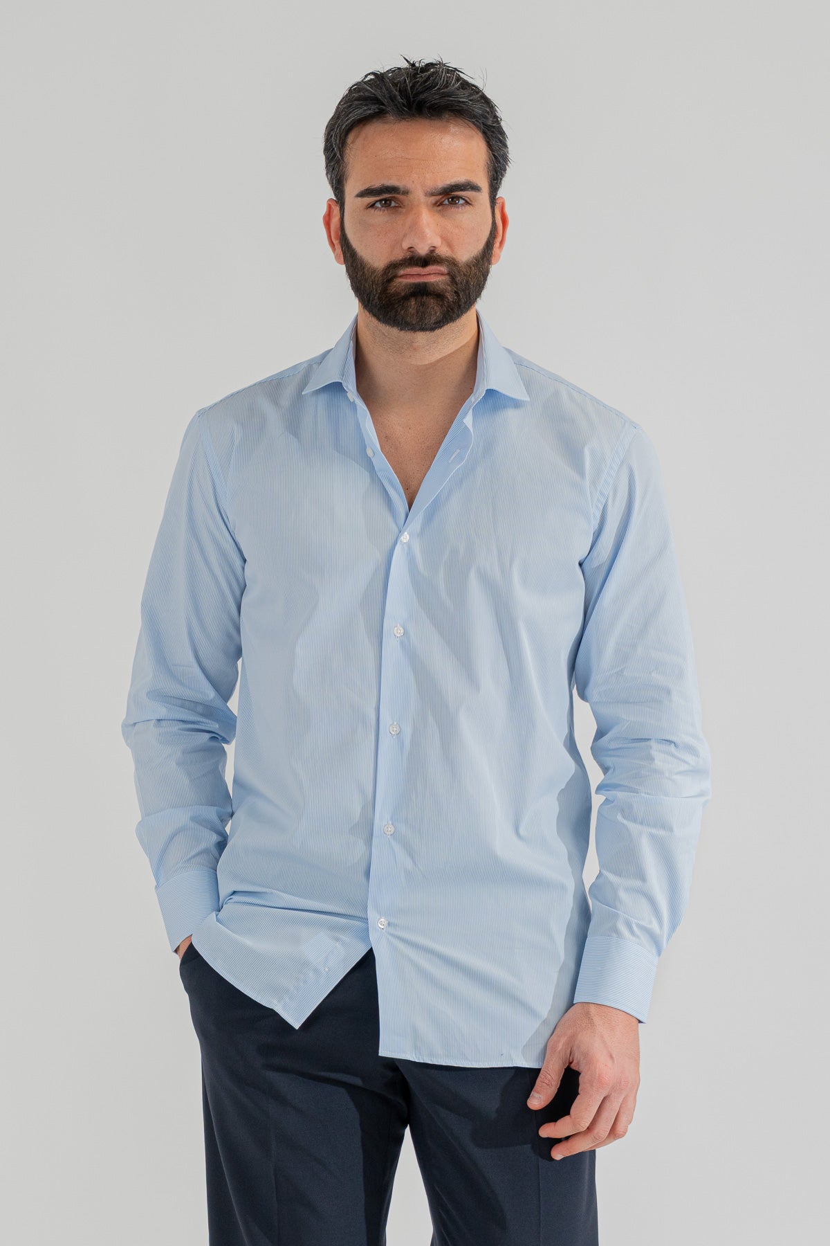 Camicia Uomo celeste a mille Regular slim Fit 100% cotone popeline collo semi francese Tessuti Twill
