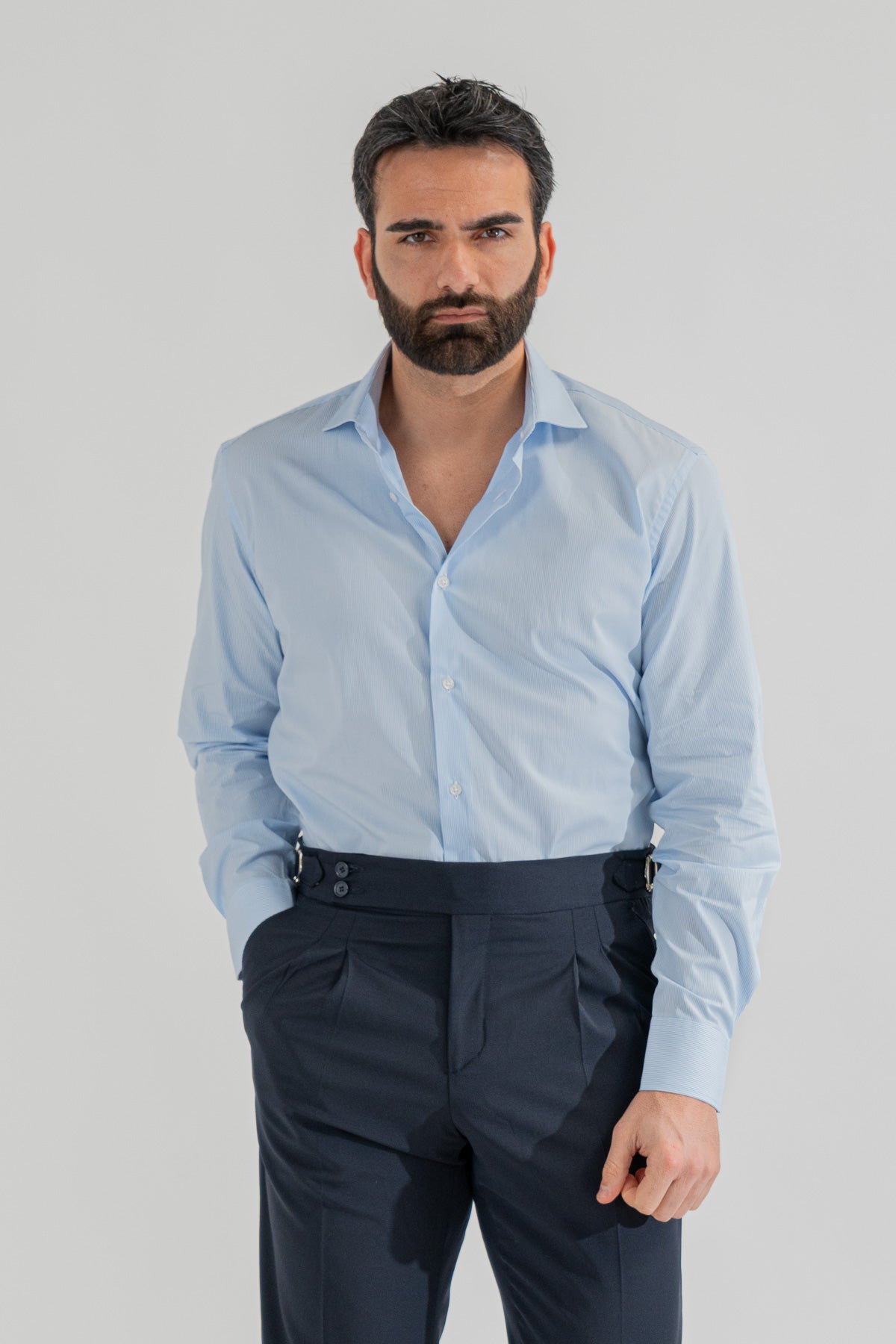 Camicia Uomo celeste a mille Regular slim Fit 100% cotone popeline collo semi francese Tessuti Twill