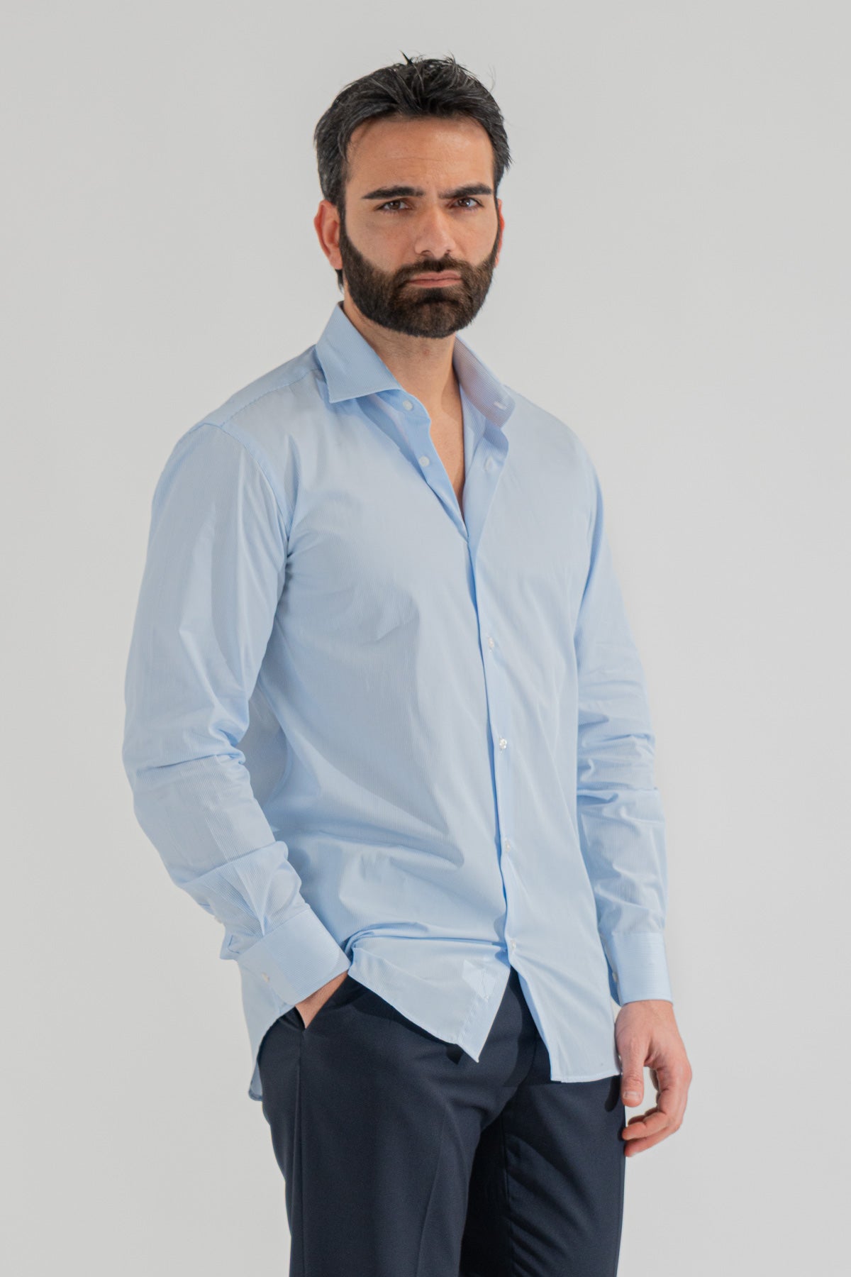 Camicia Uomo celeste a mille Regular slim Fit 100% cotone popeline collo semi francese Tessuti Twill