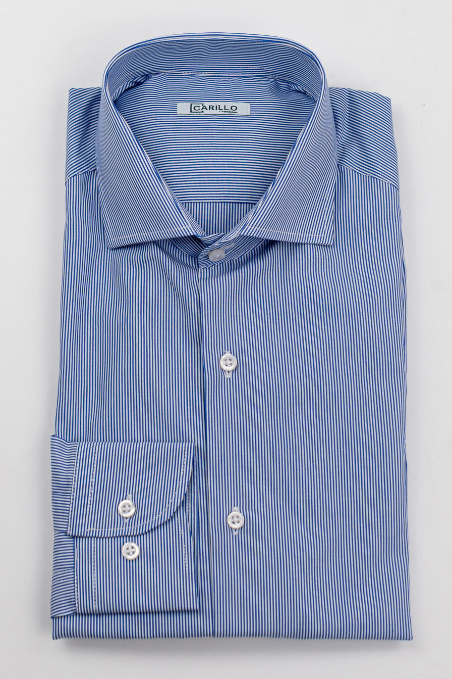 Camicia Uomo Royal blu a mille righe Regular Fit 100% cotone popeline collo semi francese Tessuti Twill