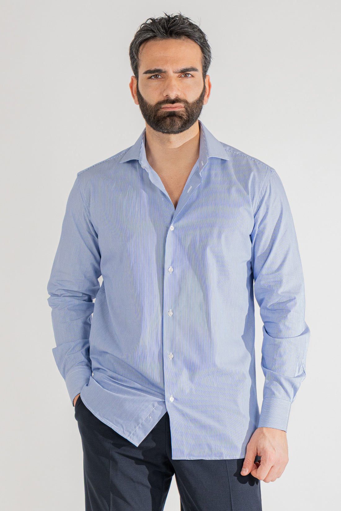 Camicia Uomo Royal blu a mille righe Regular Fit 100% cotone popeline collo semi francese Tessuti Twill