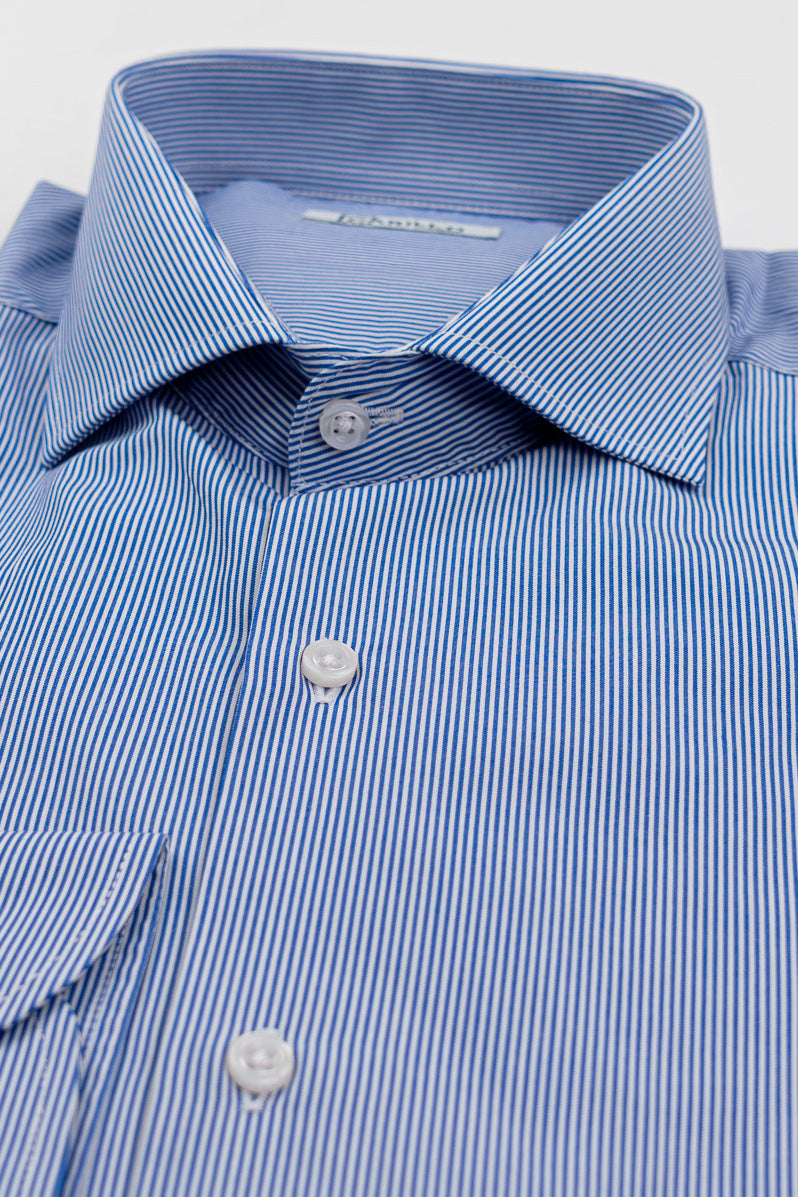 Camicia Uomo Royal blu a mille righe Regular Fit 100% cotone popeline collo semi francese Tessuti Twill