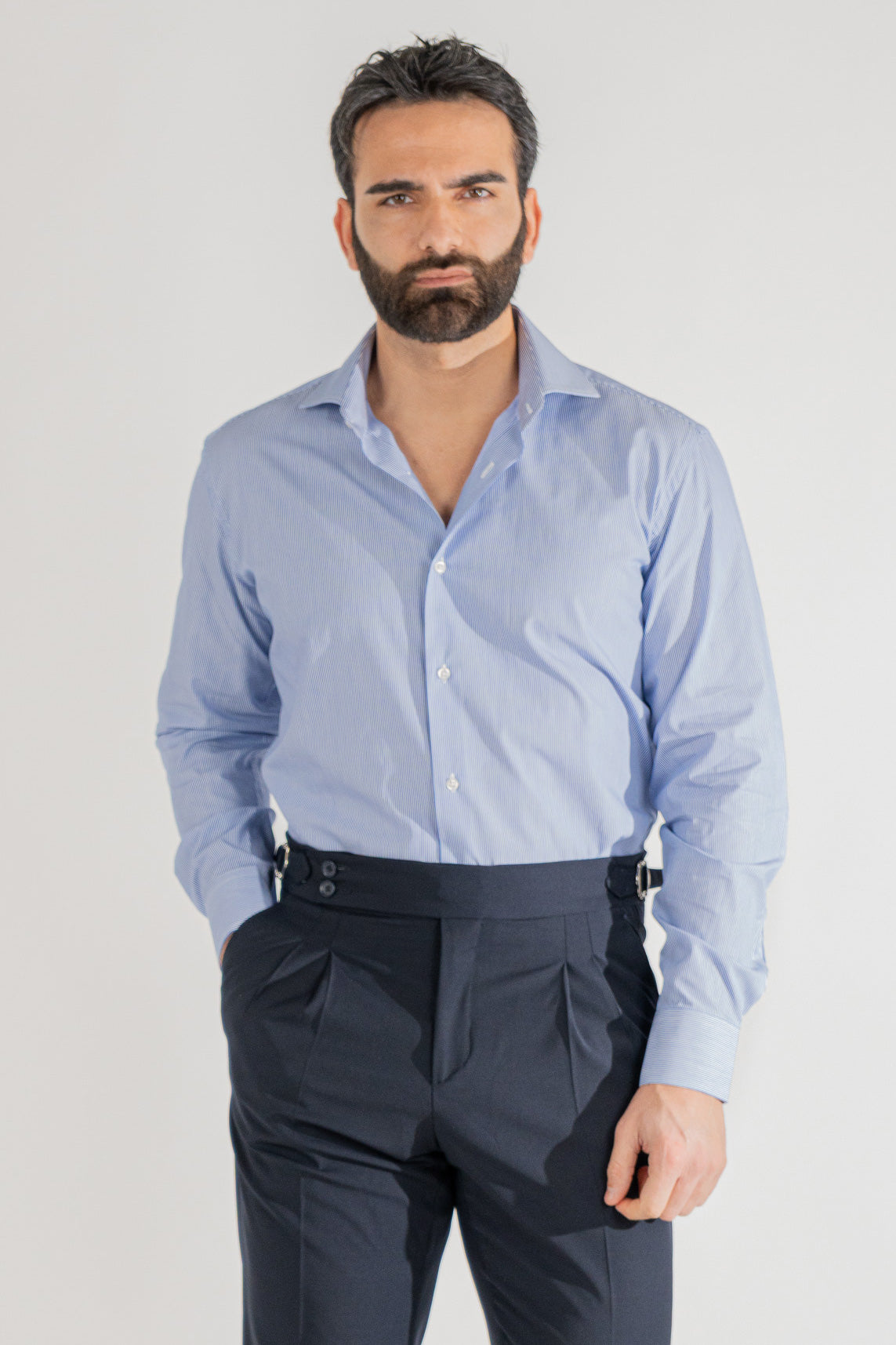 Camicia Uomo Royal blu a mille righe Regular Fit 100% cotone popeline collo semi francese Tessuti Twill