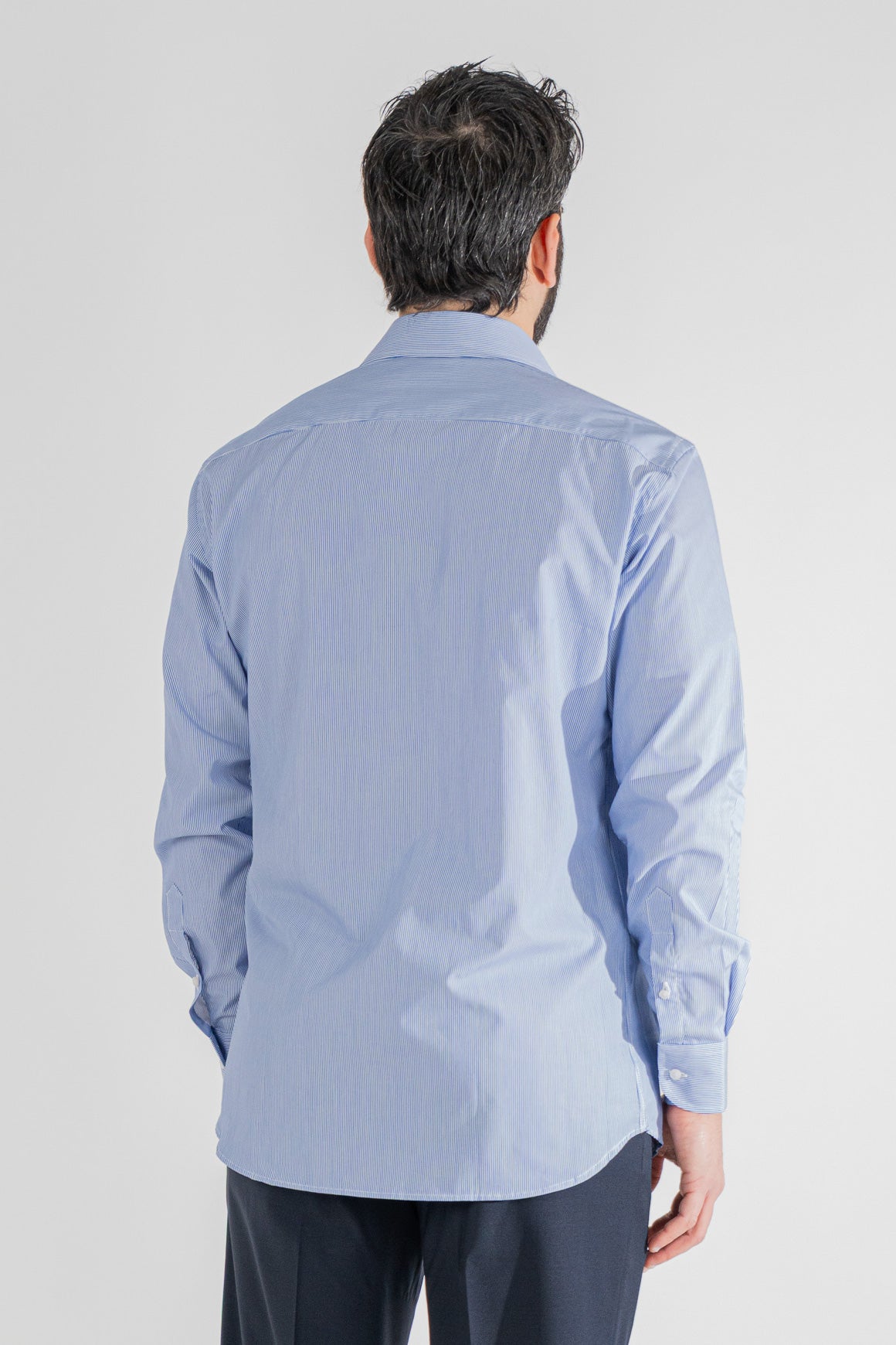 Camicia Uomo Royal blu a mille righe Regular Fit 100% cotone popeline collo semi francese Tessuti Twill