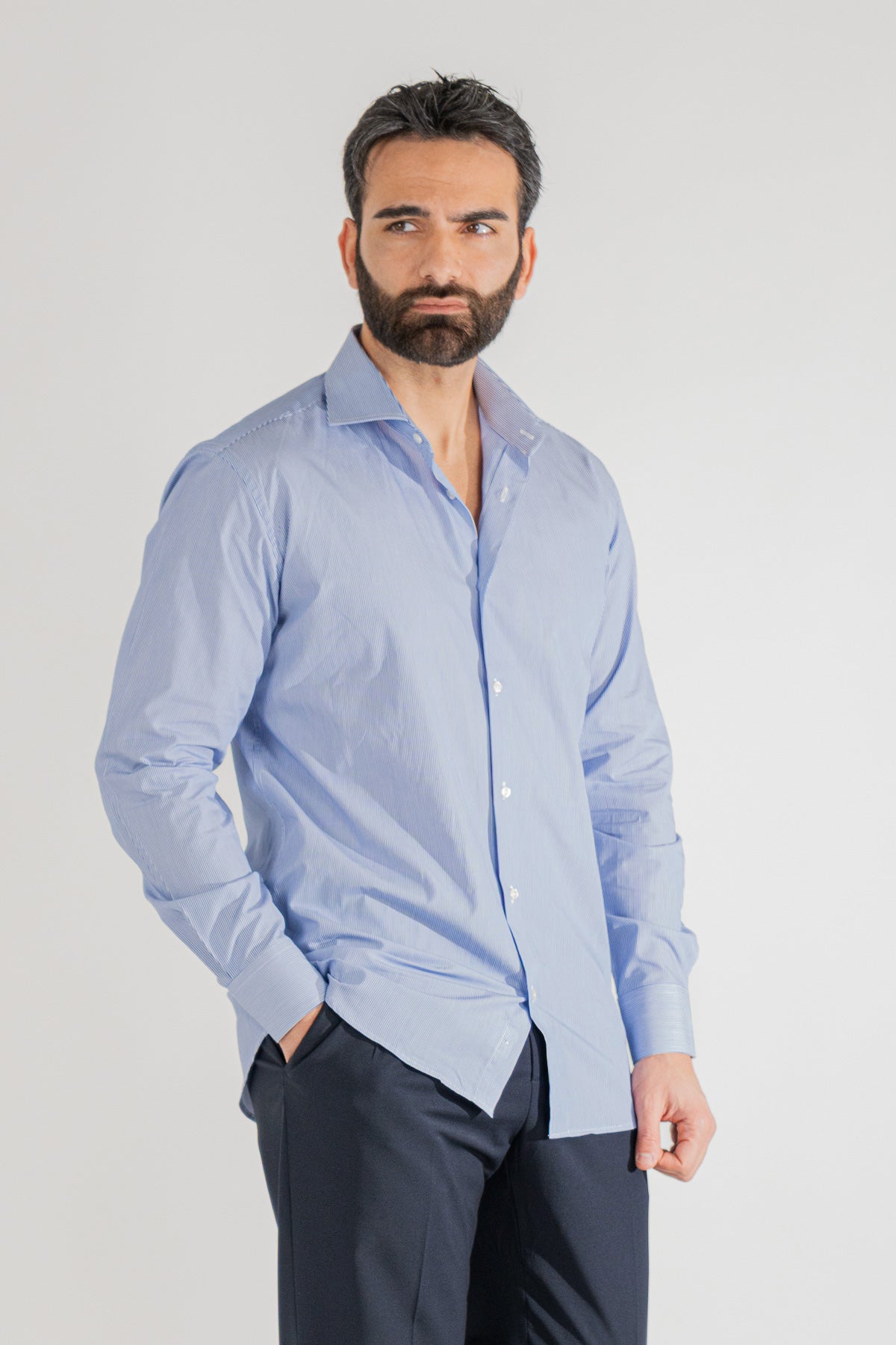 Camicia Uomo Royal blu a mille righe Regular Fit 100% cotone popeline collo semi francese Tessuti Twill