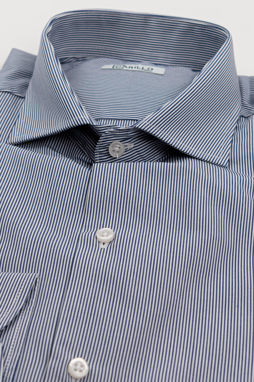 Camicia blu navy mille righe Regular Fit uomo 100% cotone popeline collo semi francese Tessuti Twill