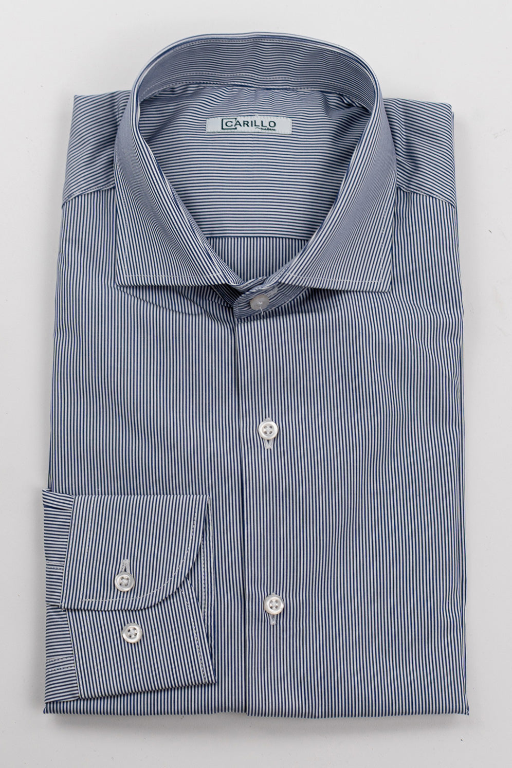 Camicia blu navy mille righe Regular Fit uomo 100% cotone popeline collo semi francese Tessuti Twill