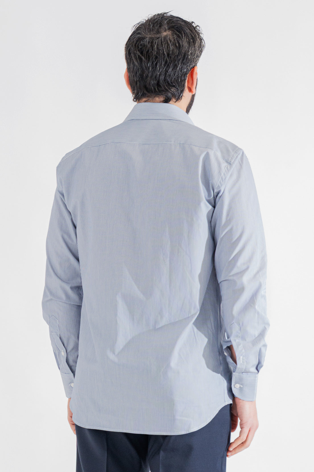 Camicia blu navy mille righe Regular Fit uomo 100% cotone popeline collo semi francese Tessuti Twill