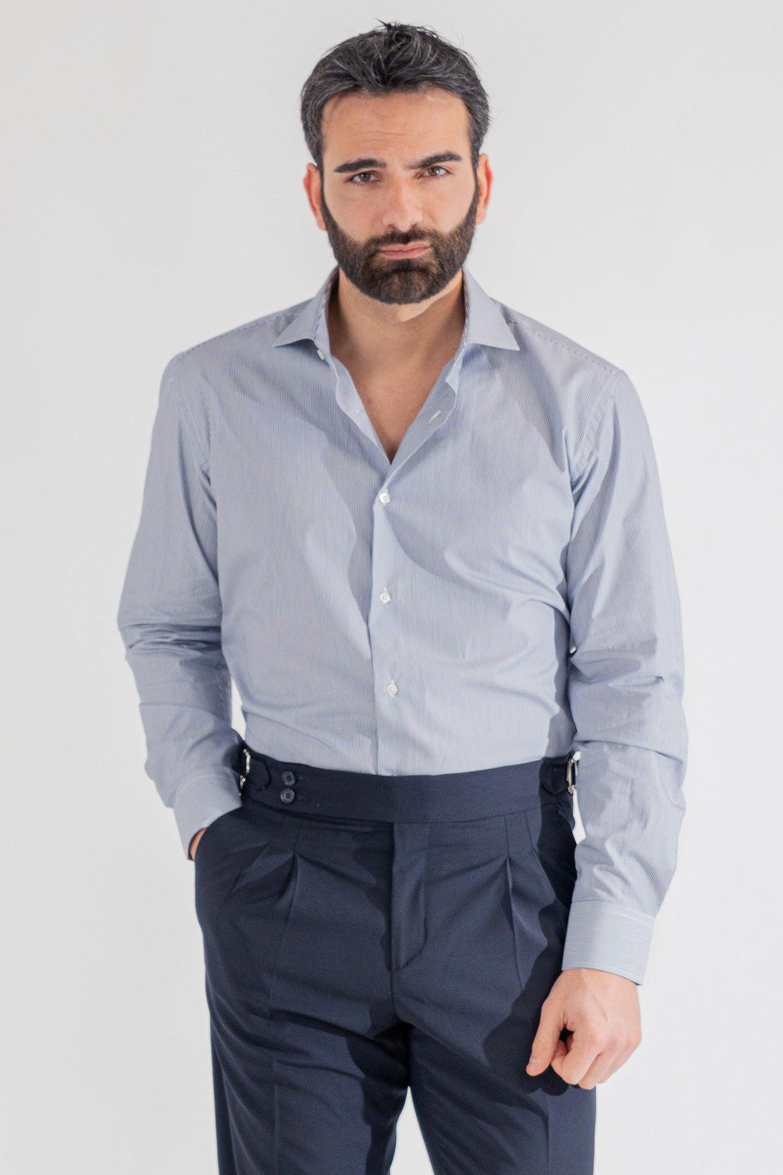 Camicia blu navy mille righe Regular Fit uomo 100% cotone popeline collo semi francese Tessuti Twill