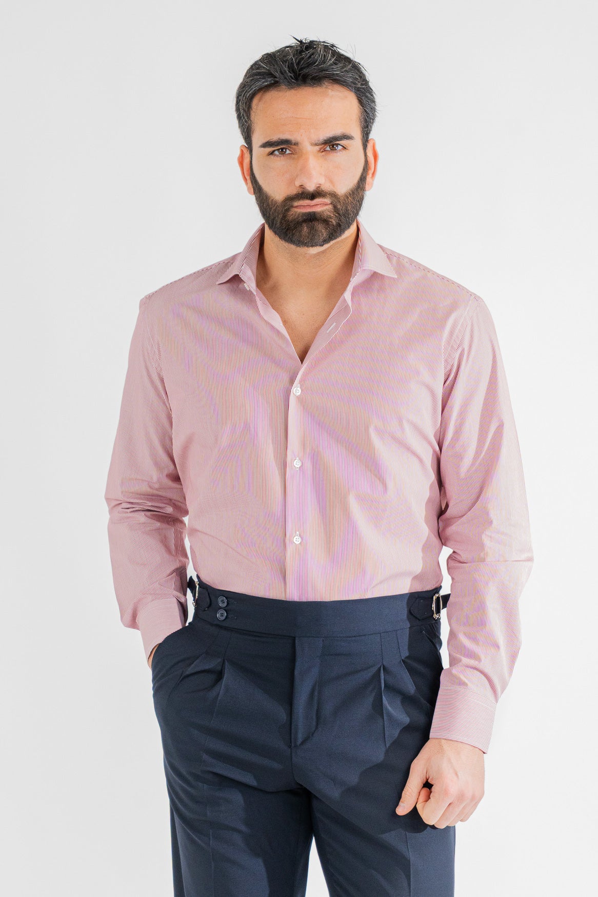 Camicia rossa mille righe Regular Fit uomo 100% cotone popeline collo semi francese Tessuti Twill