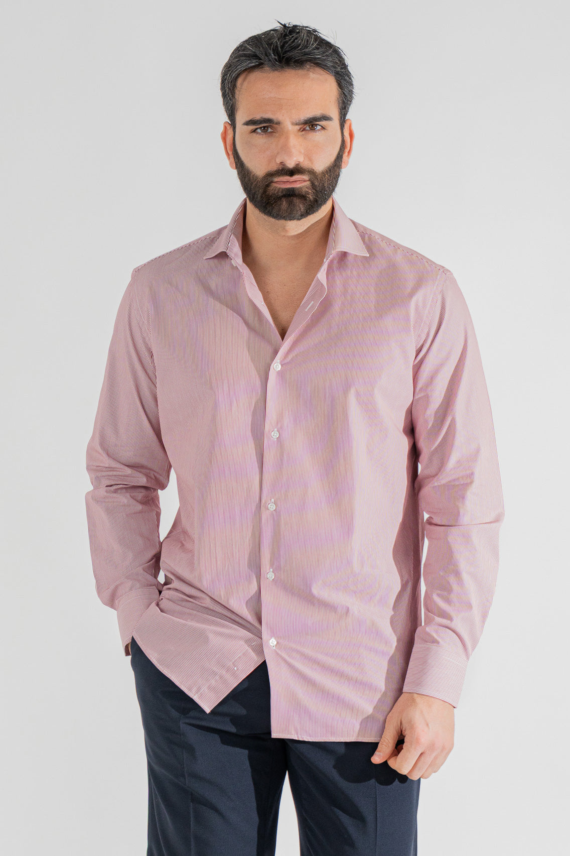 Camicia rossa mille righe Regular Fit uomo 100% cotone popeline collo semi francese Tessuti Twill