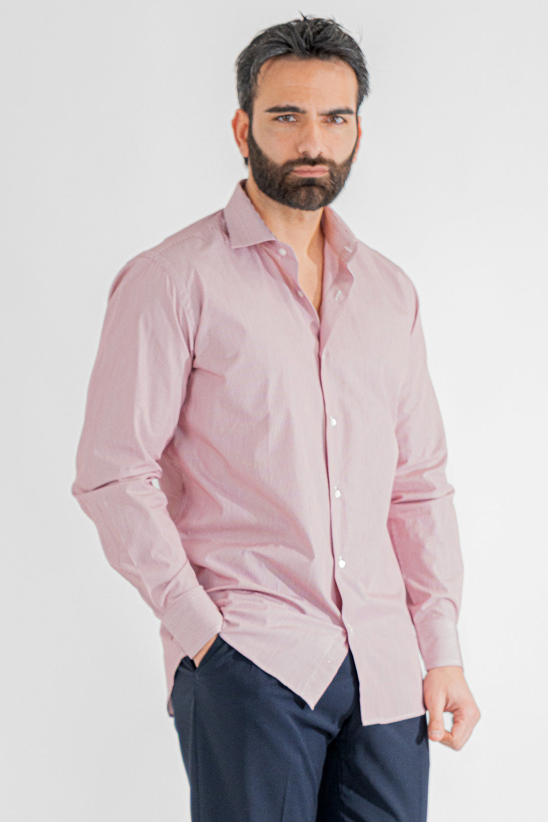 Camicia rossa mille righe Regular Fit uomo 100% cotone popeline collo semi francese Tessuti Twill