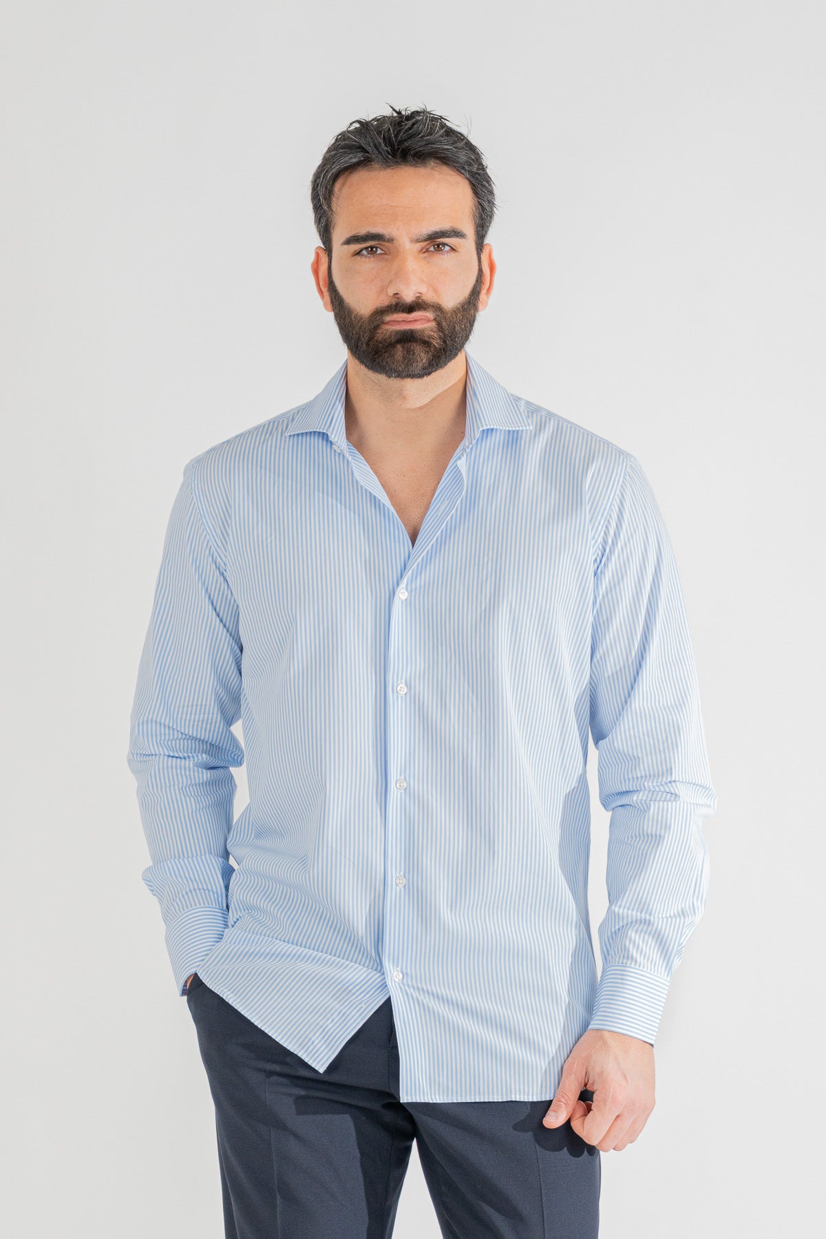 Camicia Uomo celeste a righe medie Regular Fit 100% cotone popeline collo semi francese Tessuti Twill
