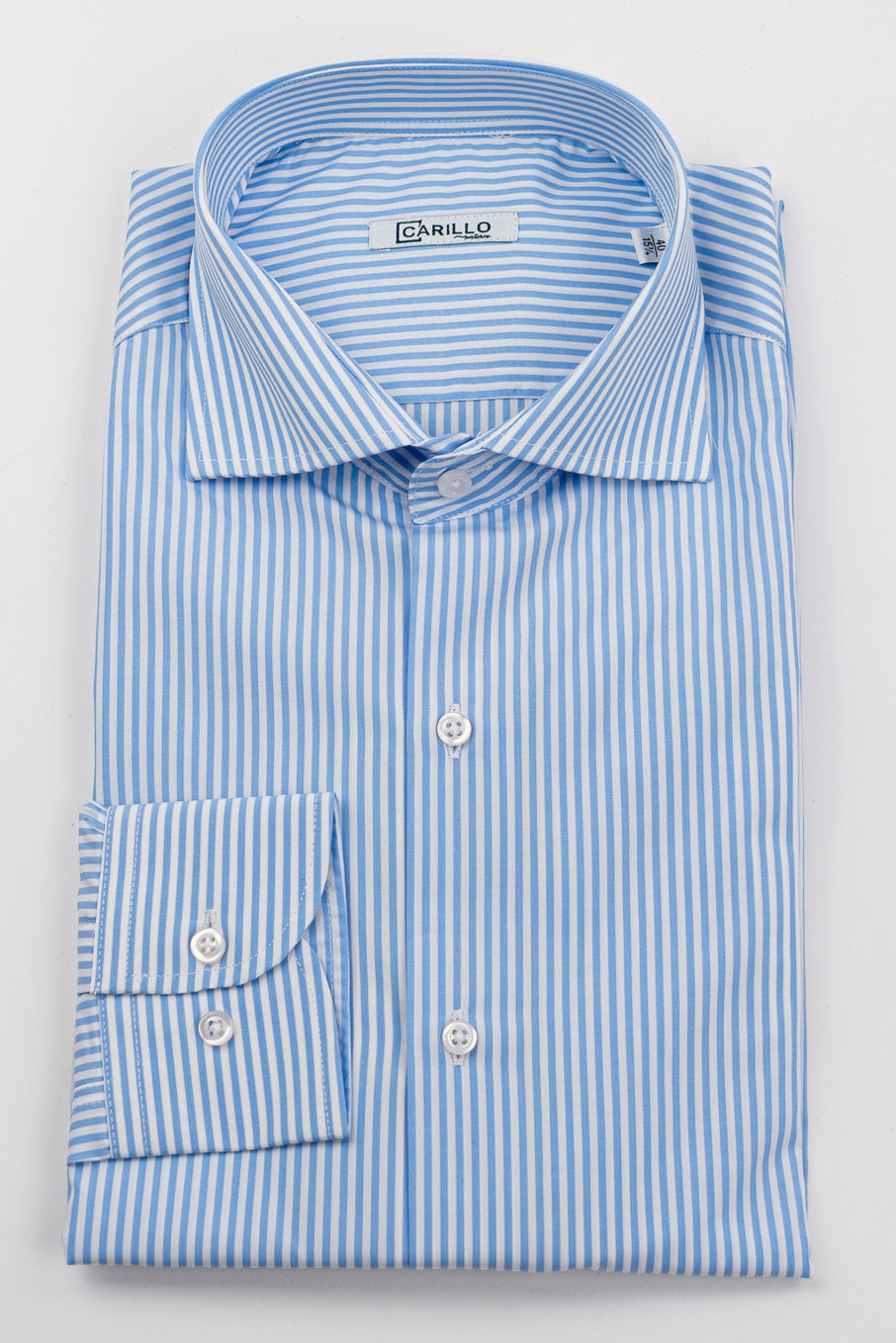 Camicia Uomo celeste a righe medie Regular Fit 100% cotone popeline collo semi francese Tessuti Twill