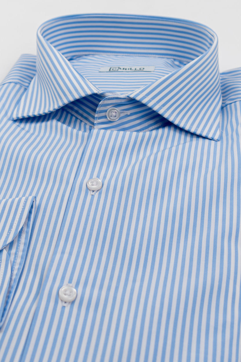 Camicia Uomo celeste a righe medie Regular Fit 100% cotone popeline collo semi francese Tessuti Twill