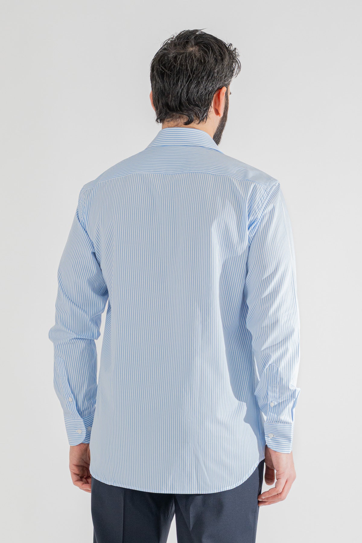 Camicia Uomo celeste a righe medie Regular Fit 100% cotone popeline collo semi francese Tessuti Twill