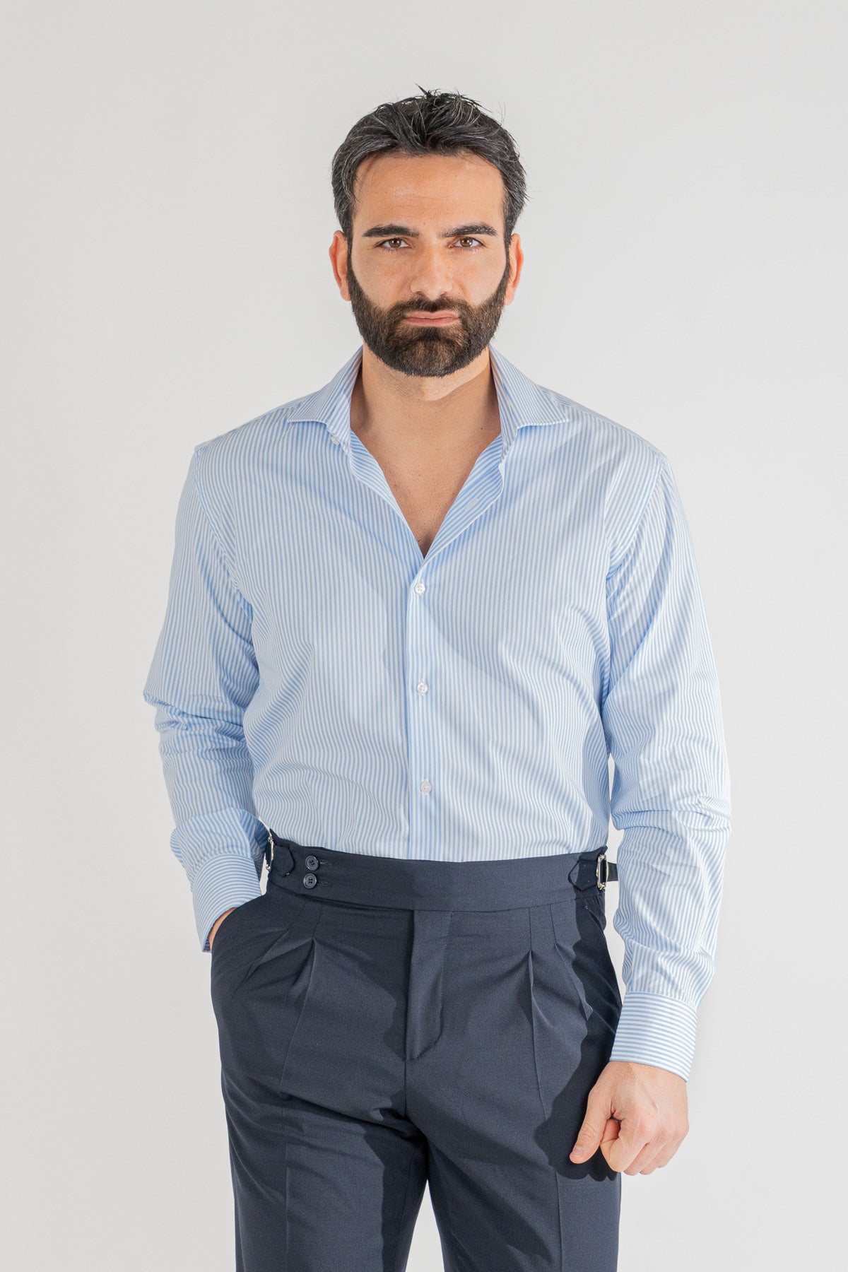 Camicia Uomo celeste a righe medie Regular Fit 100% cotone popeline collo semi francese Tessuti Twill